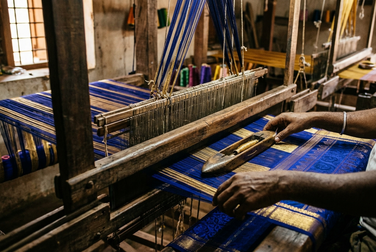Silk warp threads on a saree loom