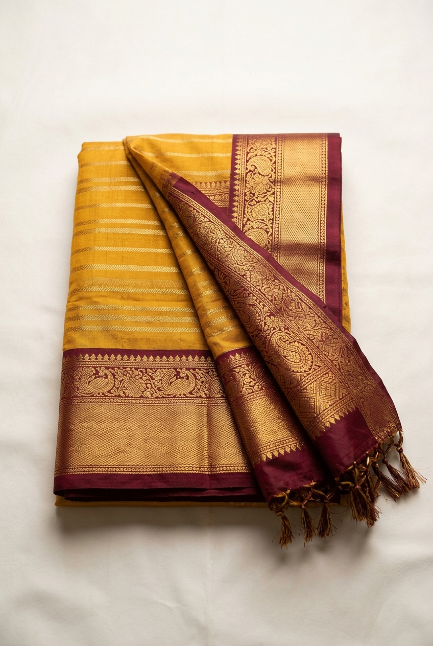 Mustard & Maroon Half Silk Saree