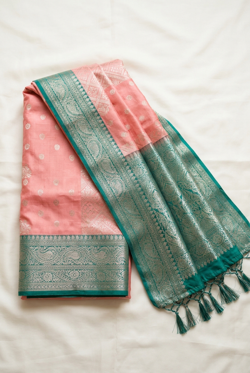 Peach & Teal Half Silk Saree