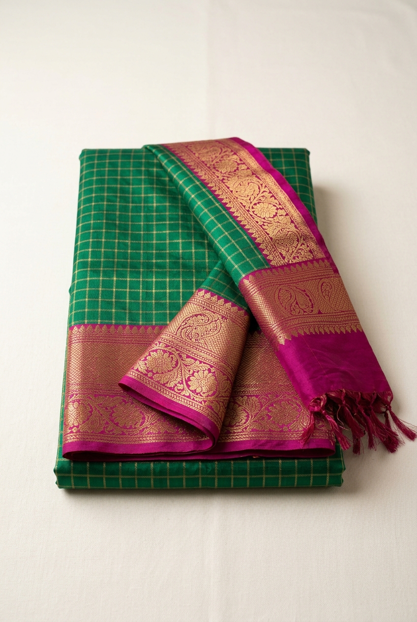 Emerald Checks Pure Silk Saree