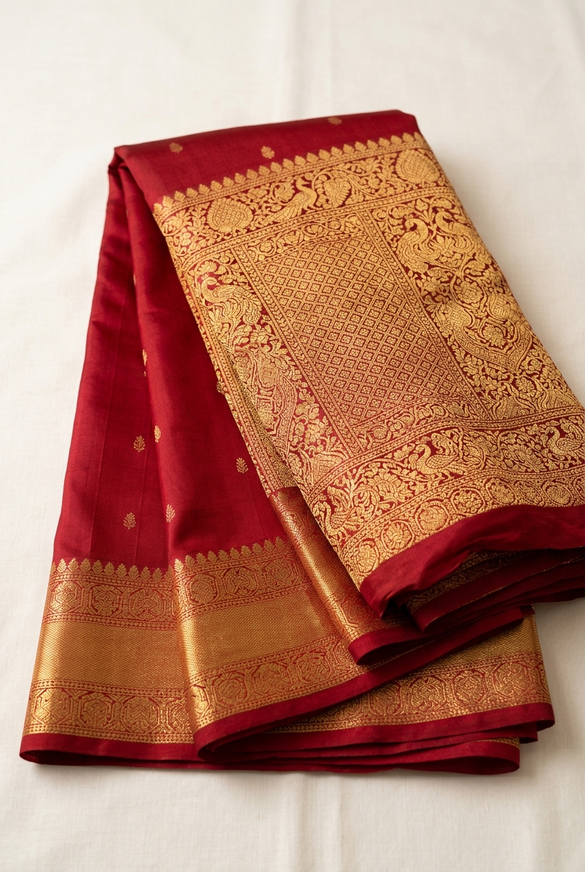 Crimson Temple Border Pure Silk Saree
