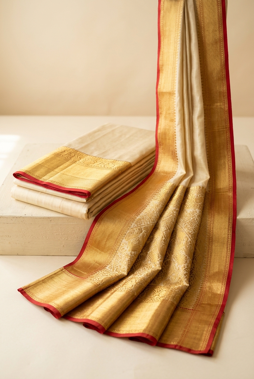 Ivory Gold Kasavu-Style Pure Silk Saree