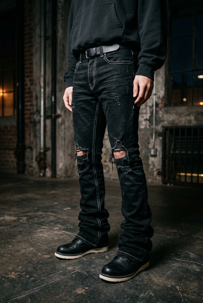 JEAN FLARE STACKED 'BLACK RIP'