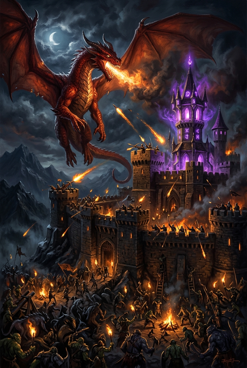Dragon besieging a citadel