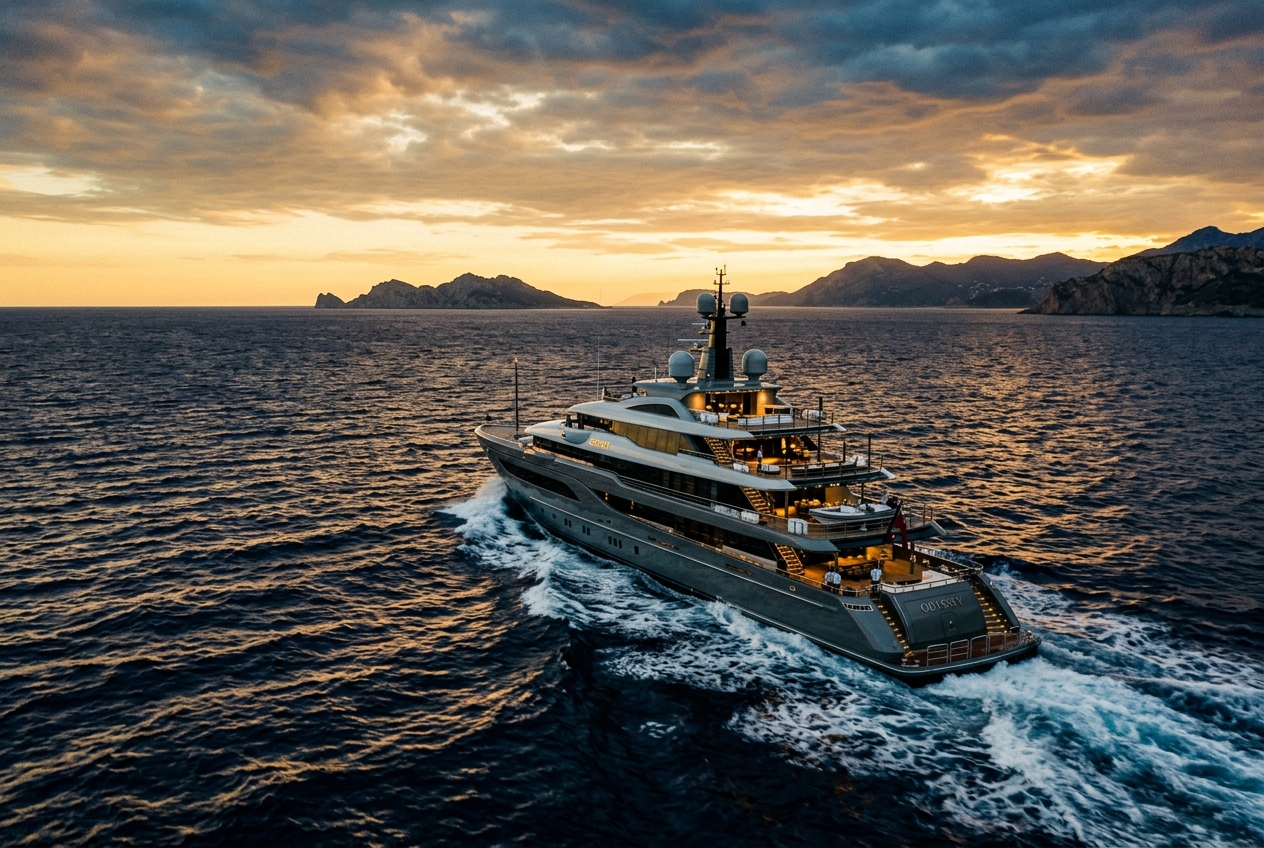 Luxury superyacht cruising the Mediterranean at golden hour