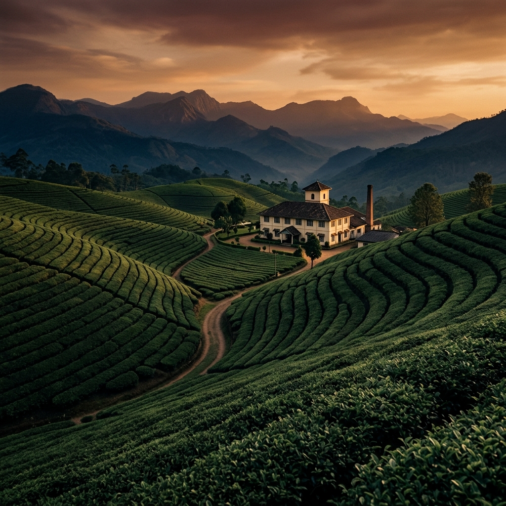 Tea estate at golden hour — deep green tea bushes winding towards a heritage tea factory beneath misty mountains