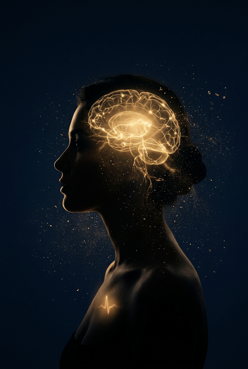 Silueta humana con luz dorada y conexiones neuronales