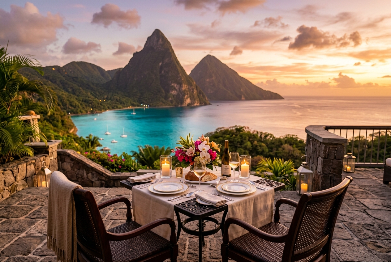 Romantic candlelit private dining terrace at sunset overlooking the Pitons