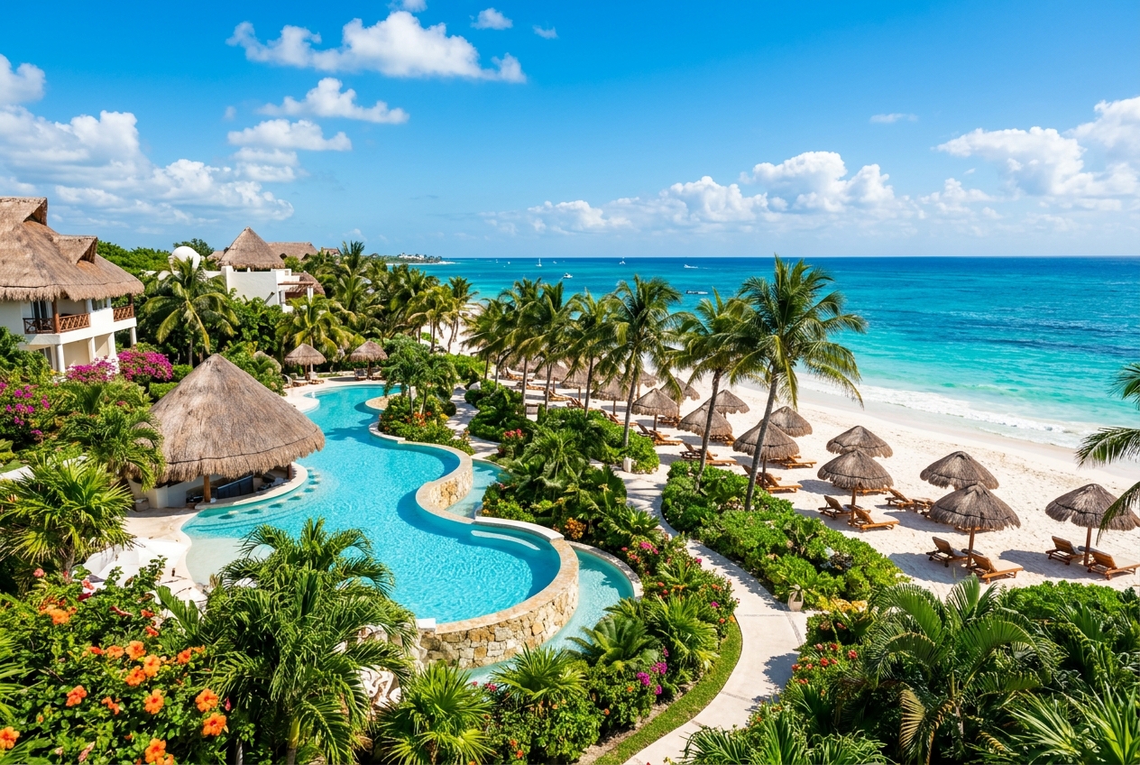 Vibrant beachfront all-inclusive resort with a free-form pool on Mexico's Caribbean coast