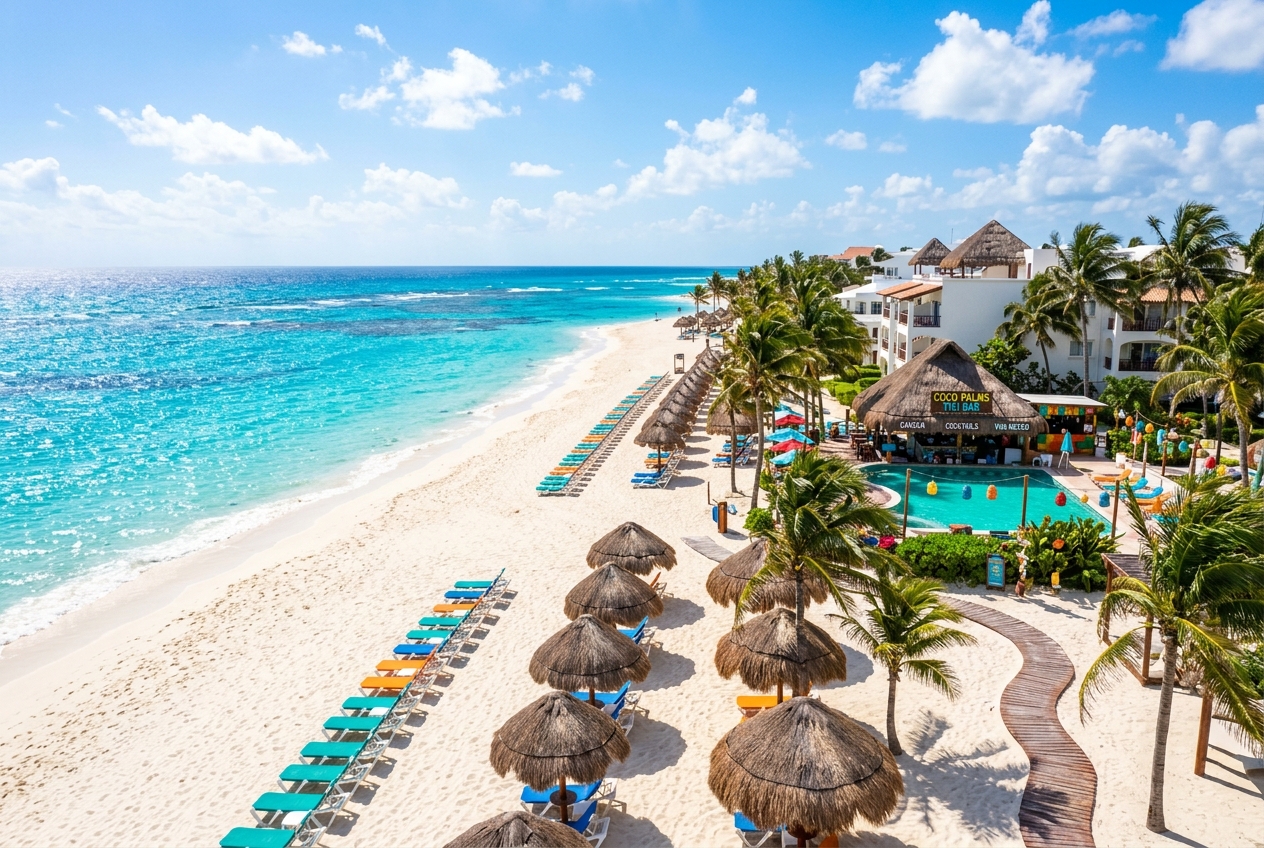 Vibrant Margaritaville beachfront resort in Cancún with turquoise water, palapa umbrellas and a poolside tiki bar
