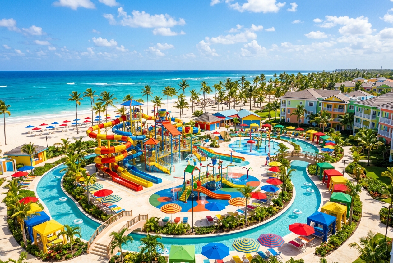 Colorful family all-inclusive resort with a large water park beside a turquoise Punta Cana beach