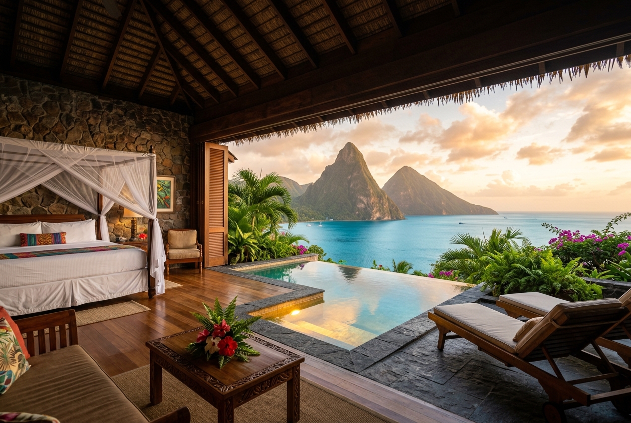 Open-wall Jade Mountain sanctuary suite with a private infinity pool overlooking the twin Pitons and the Caribbean sea at sunrise