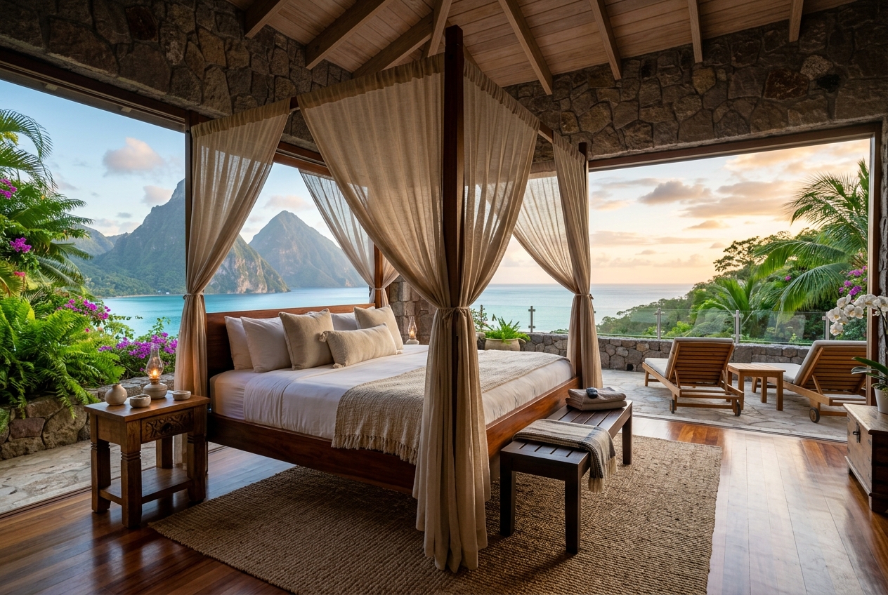 Open-air four-poster bedroom sanctuary facing the Pitons and ocean at dawn