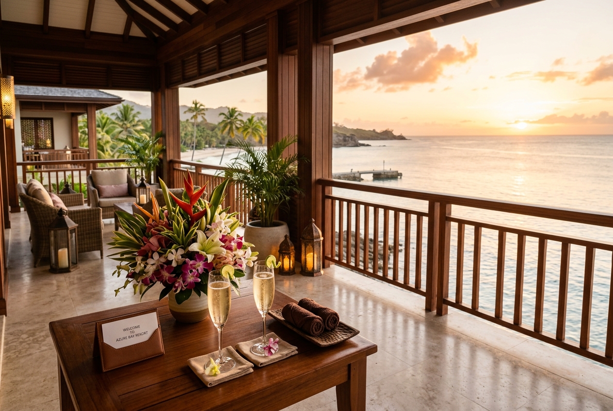 A calm resort welcome setting symbolizing the anticipation of a first trip