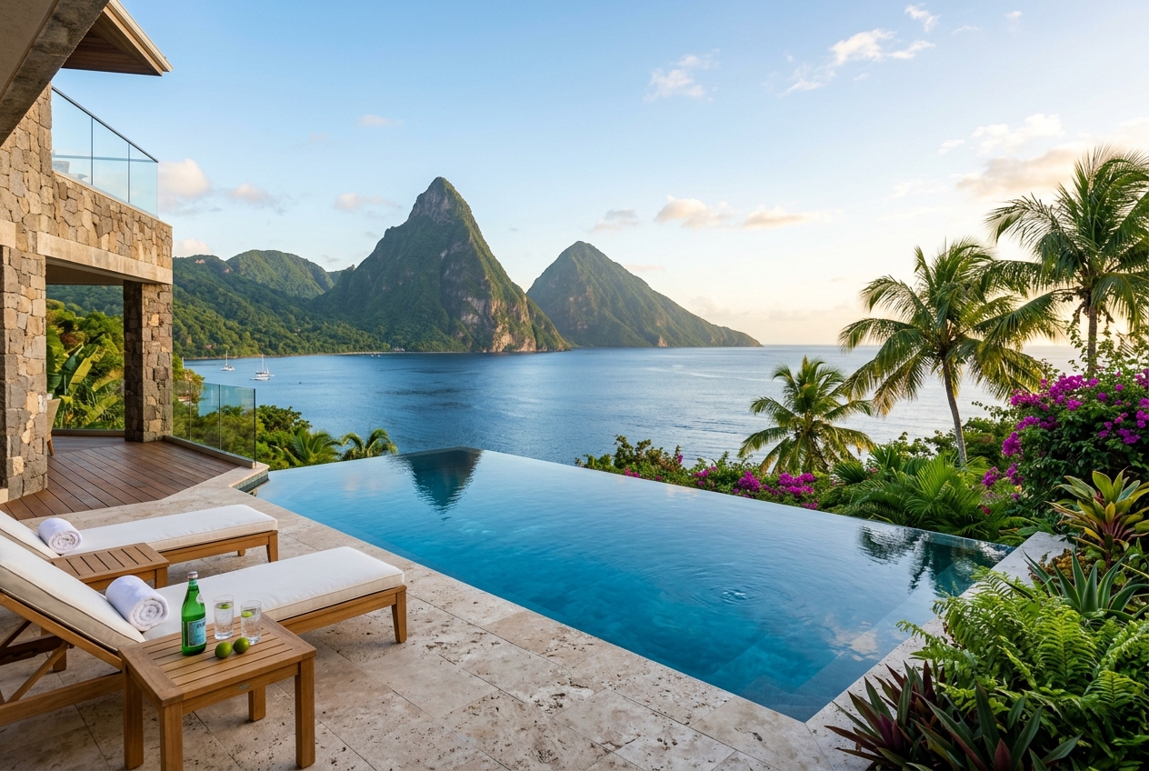 Private infinity pool merging into the Caribbean sea with the twin Pitons in the distance