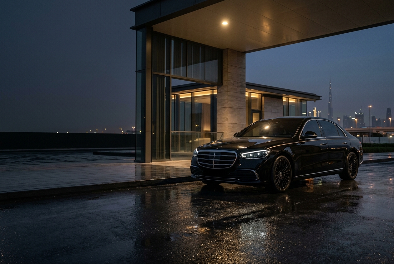 Obsidian luxury chauffeur sedan under a warm Dubai spotlight