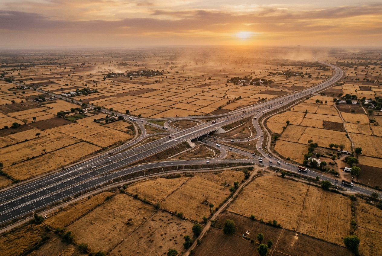 Aerial view of an Indian expressway corridor cutting through farmland at sunset
