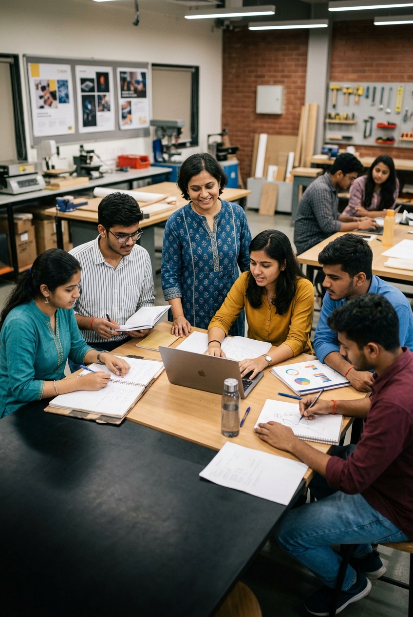 Indian college students working with their instructor