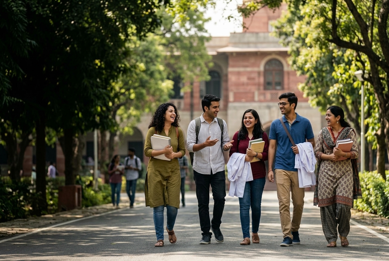 Indian college students walking with books and folded lab coats on a sunny campus day