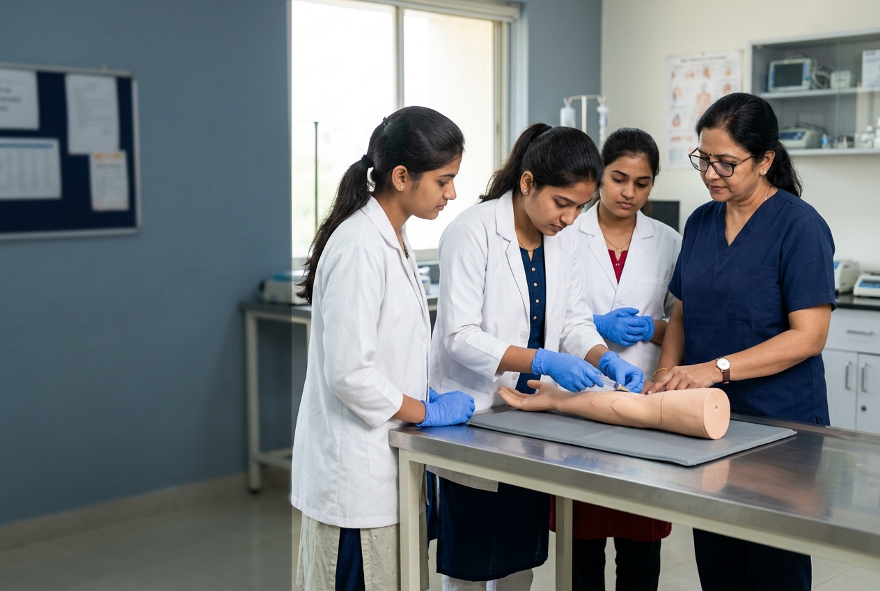 Indian nursing students practising a simulated blood draw using an arm-only training model with their instructor