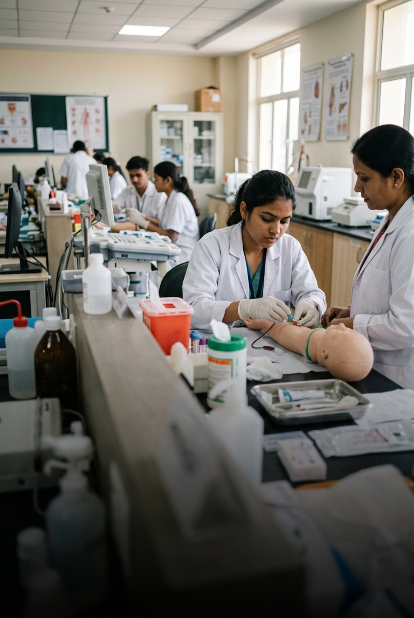 Indian learners practising healthcare laboratory skills
