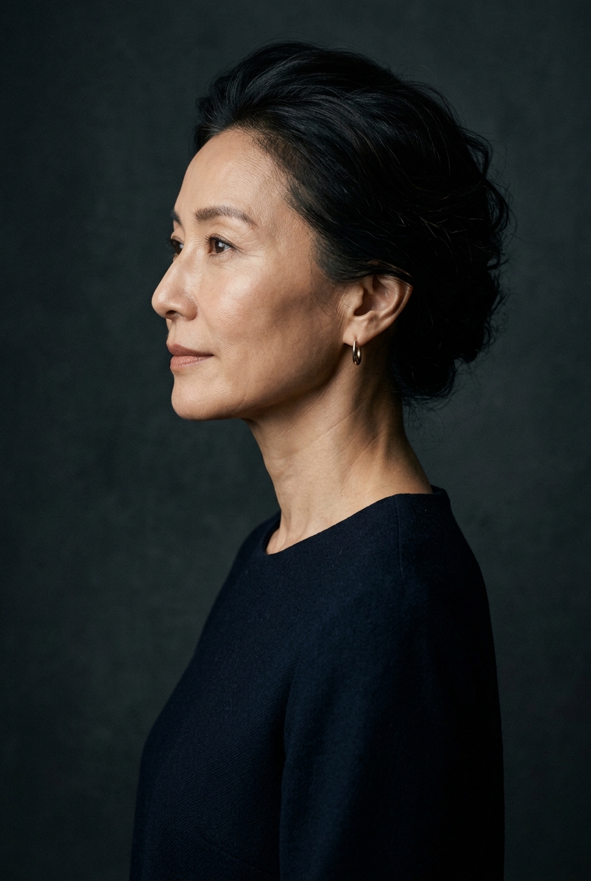 Elegant side profile with a defined jawline