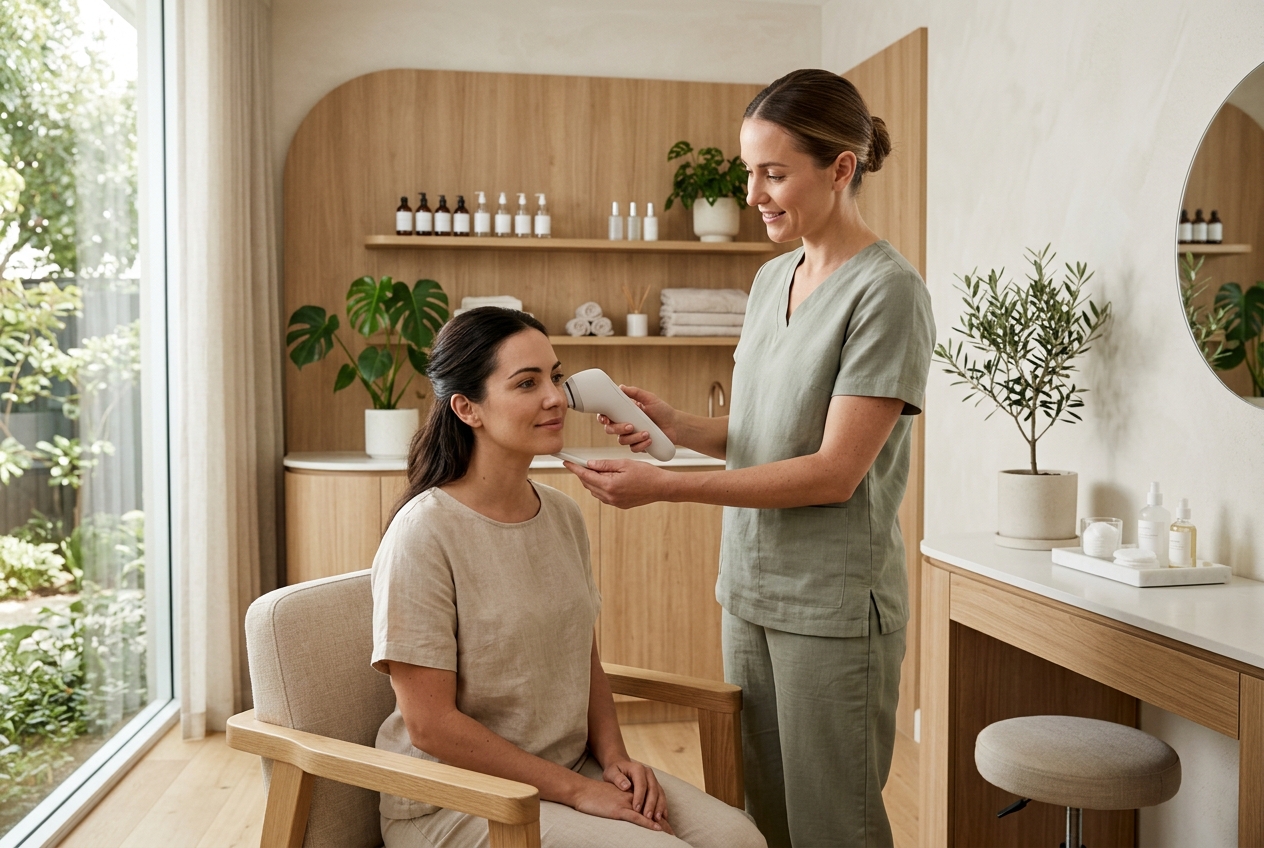 A practitioner using advanced skin-analysis technology