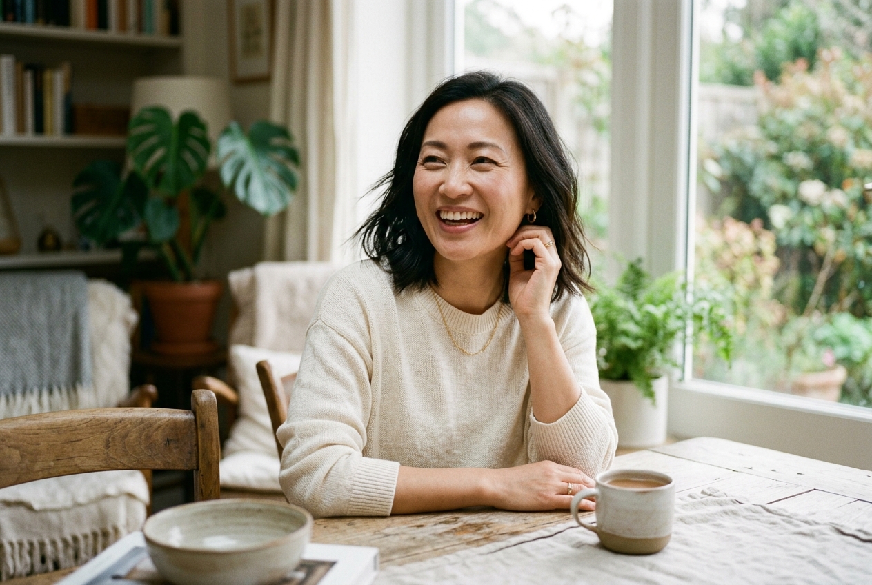 A confident woman laughing in natural light