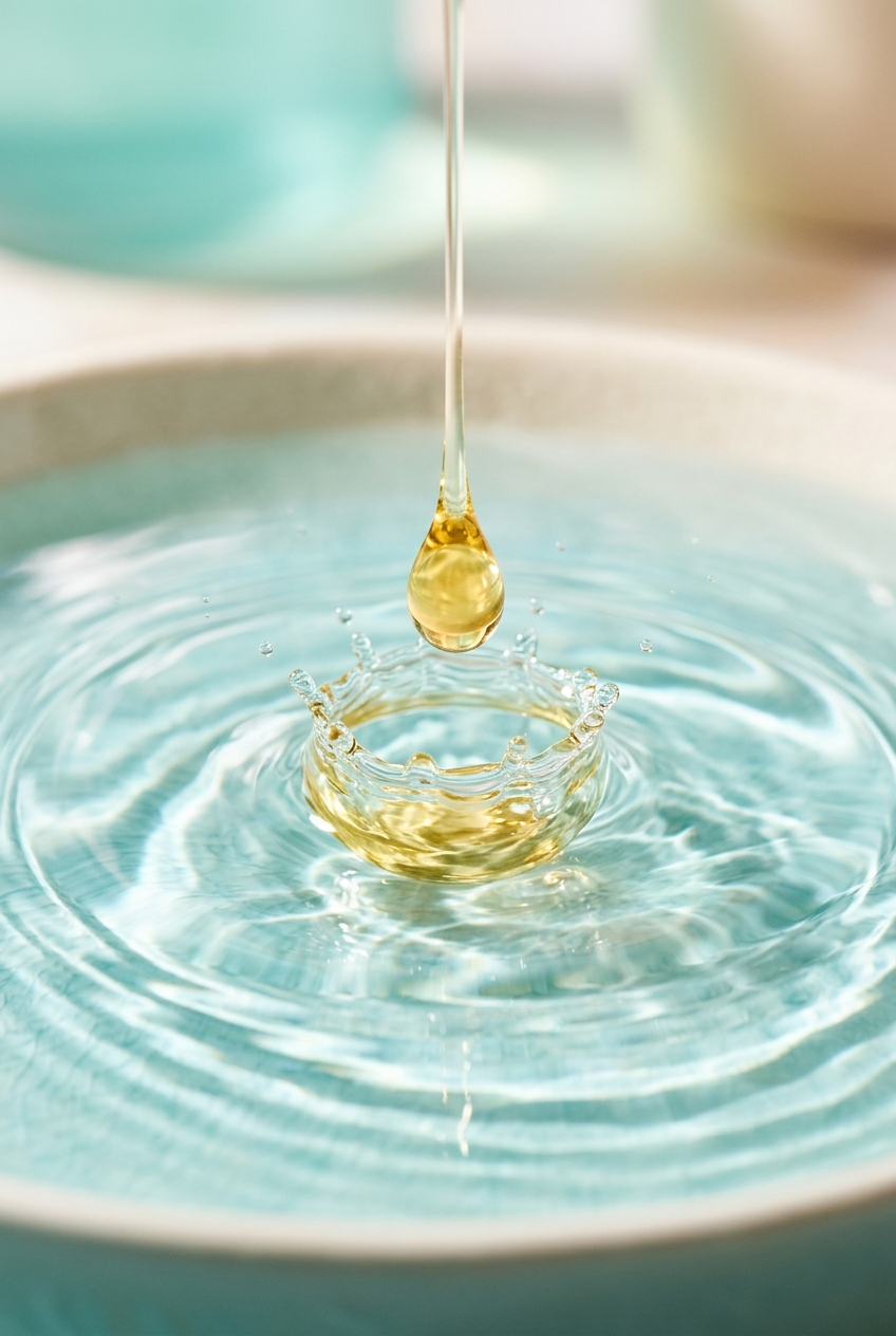 A serum droplet meeting water, a metaphor for cellular renewal