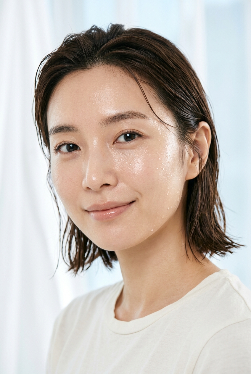 A woman with fresh, dewy, luminous skin