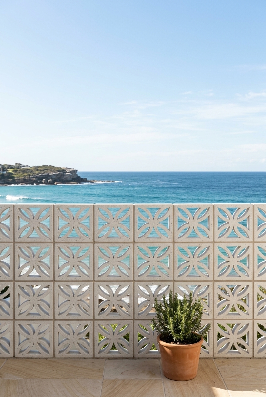 Flower Breeze block wall overlooking the ocean