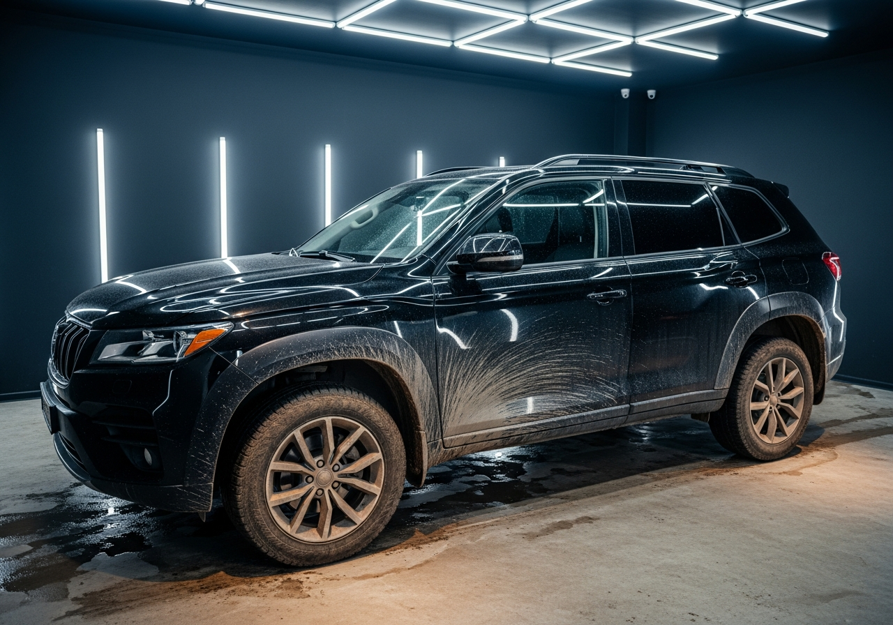 Dirty black SUV before detailing
