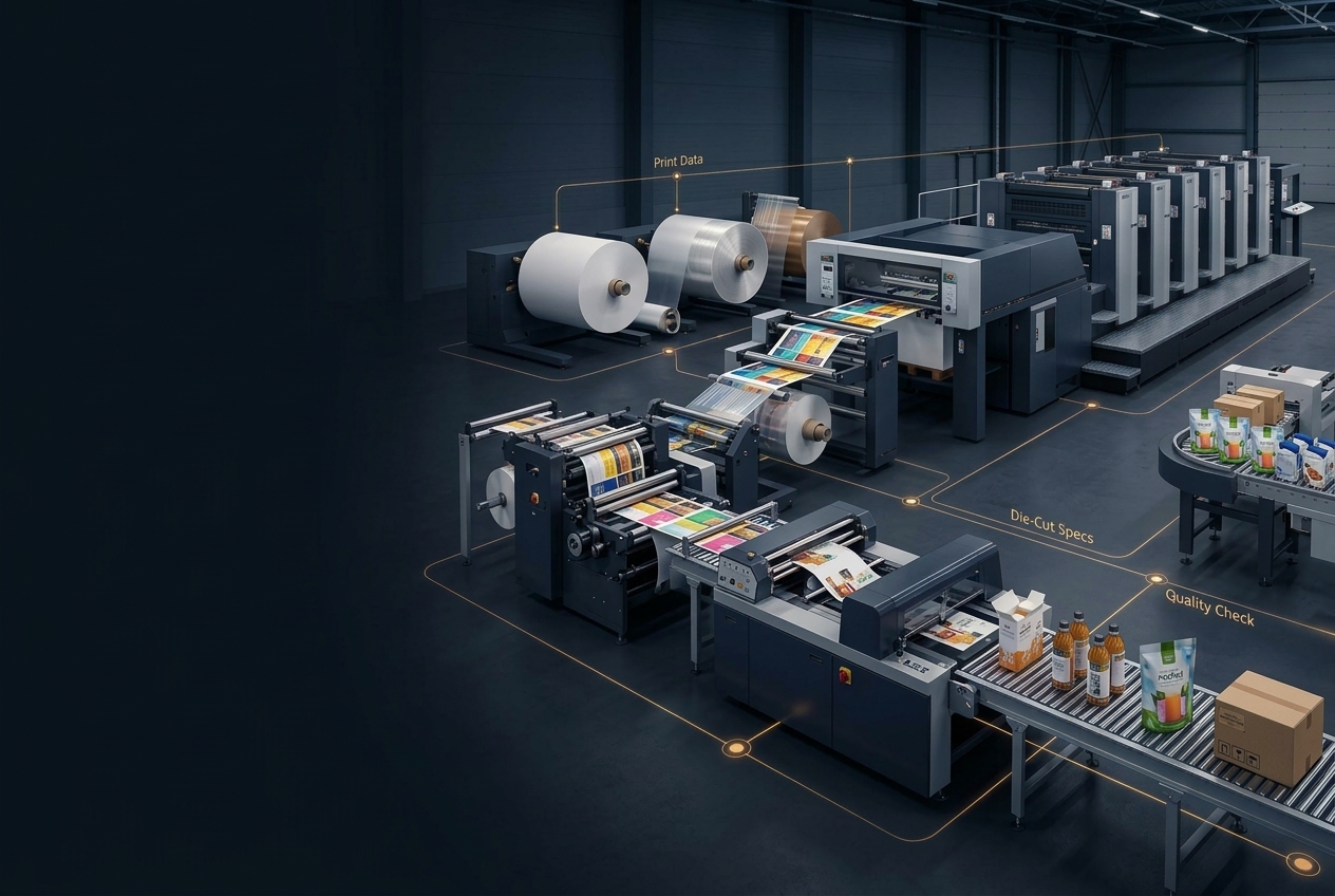 Connected print-to-pack workflow linking substrate rolls, printing, converting, and finished packages