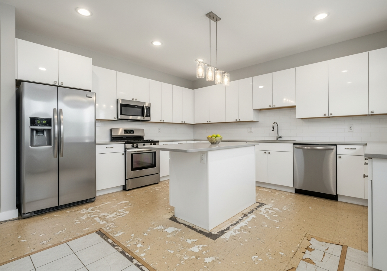Before: Kitchen with old worn linoleum flooring