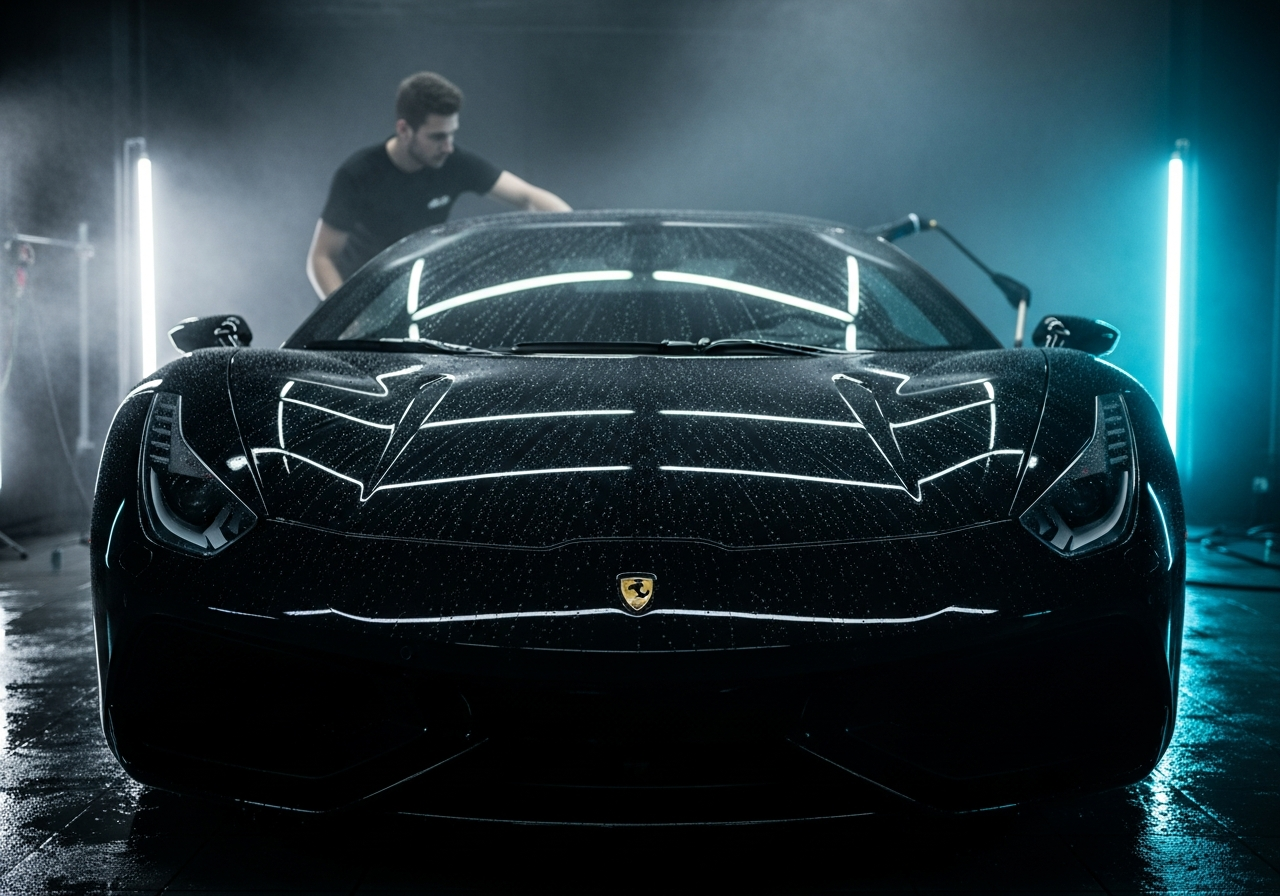 Glossy luxury car being detailed
