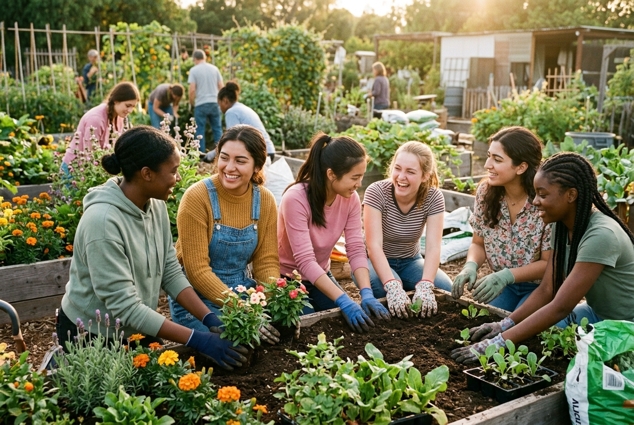 Junior members volunteering together in a community garden