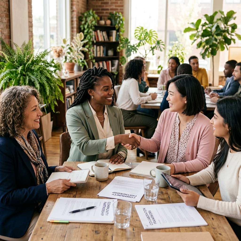 Women collaborating at a community partnership meeting