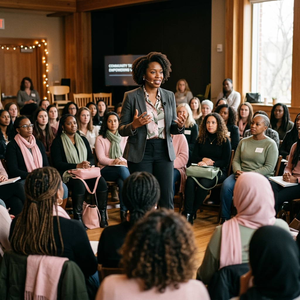 Woman speaking to a group of women about leadership