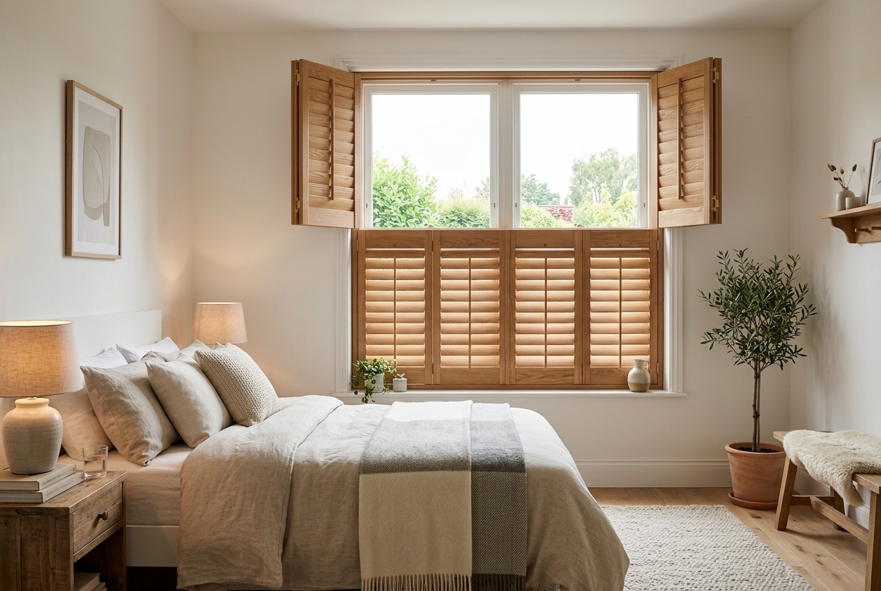 Tier-on-Tier plantation shutters in a bedroom