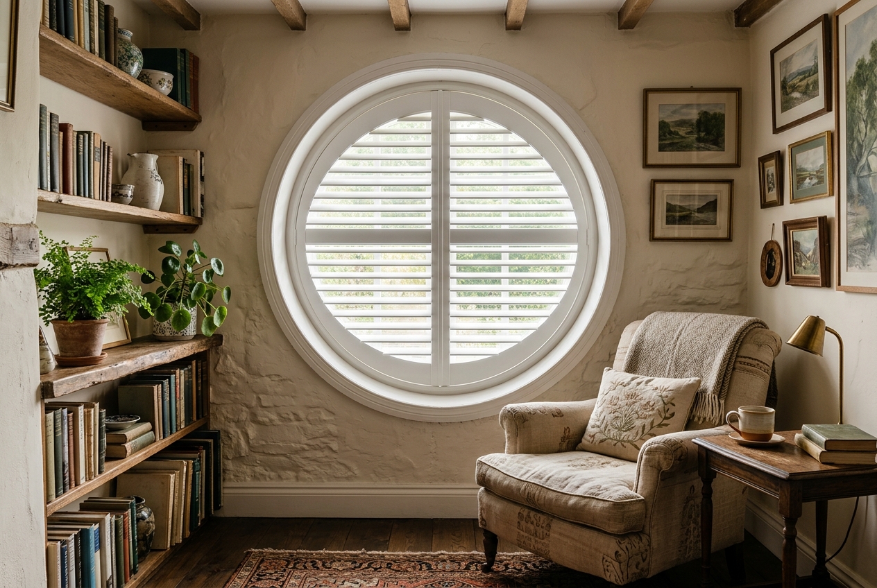 Special Shapes plantation shutters in a living