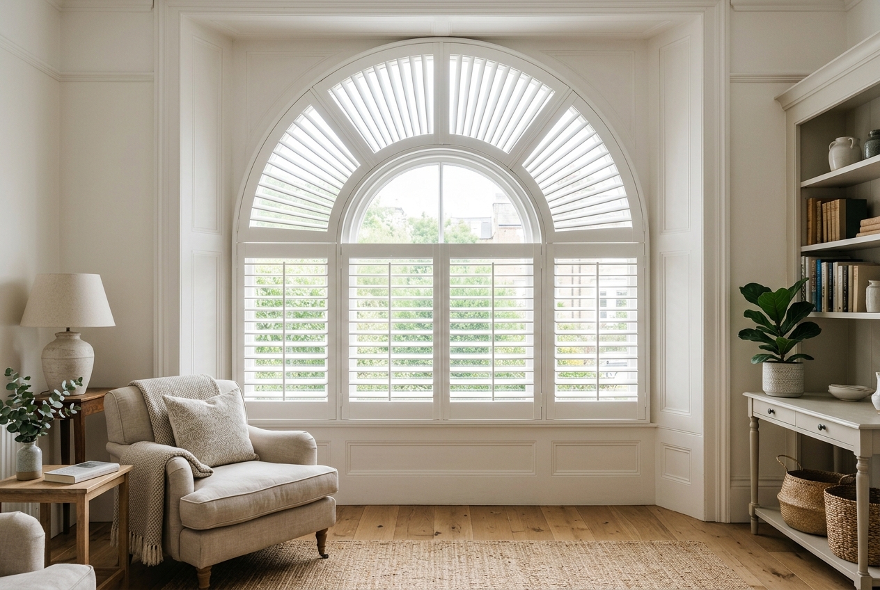 Special Shapes plantation shutters in a living