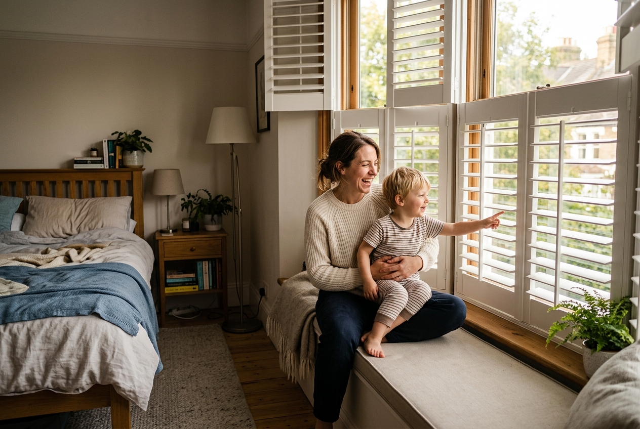 Tier-on-Tier plantation shutters in a bedroom