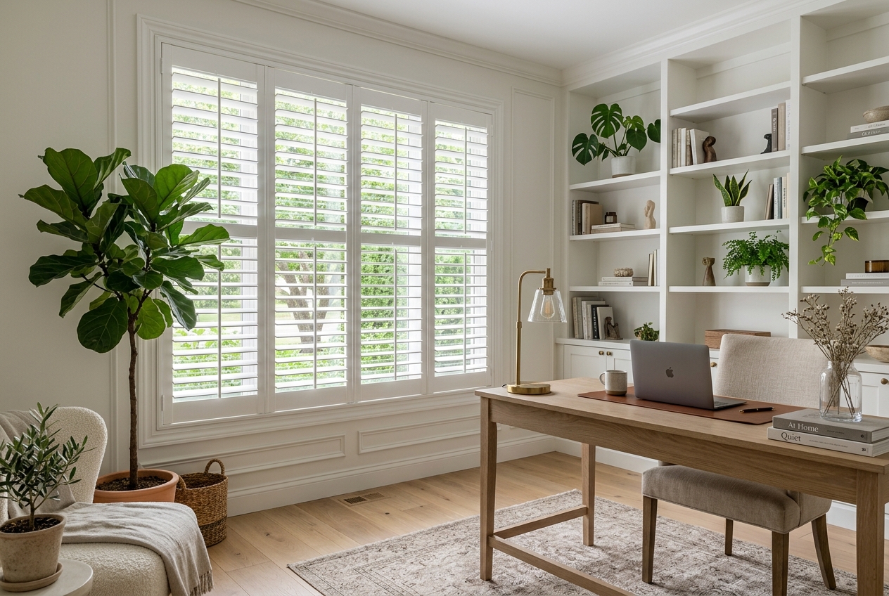 Full Height plantation shutters in a living