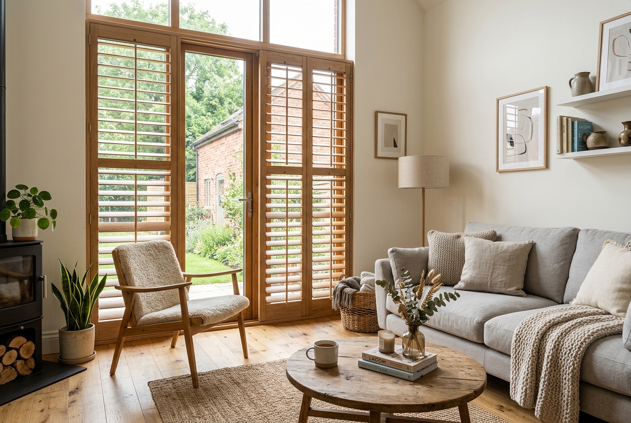Full Height plantation shutters in a living