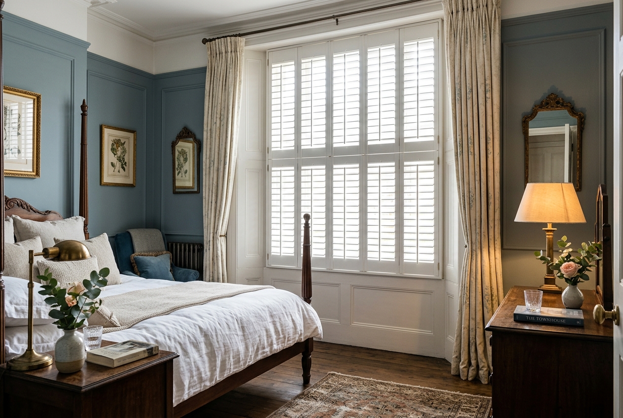 Tier-on-Tier plantation shutters in a bedroom