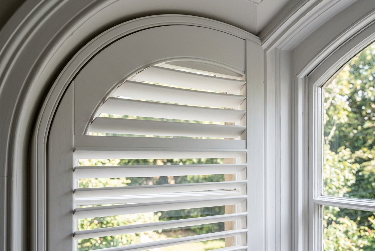 Special Shapes plantation shutters in a living
