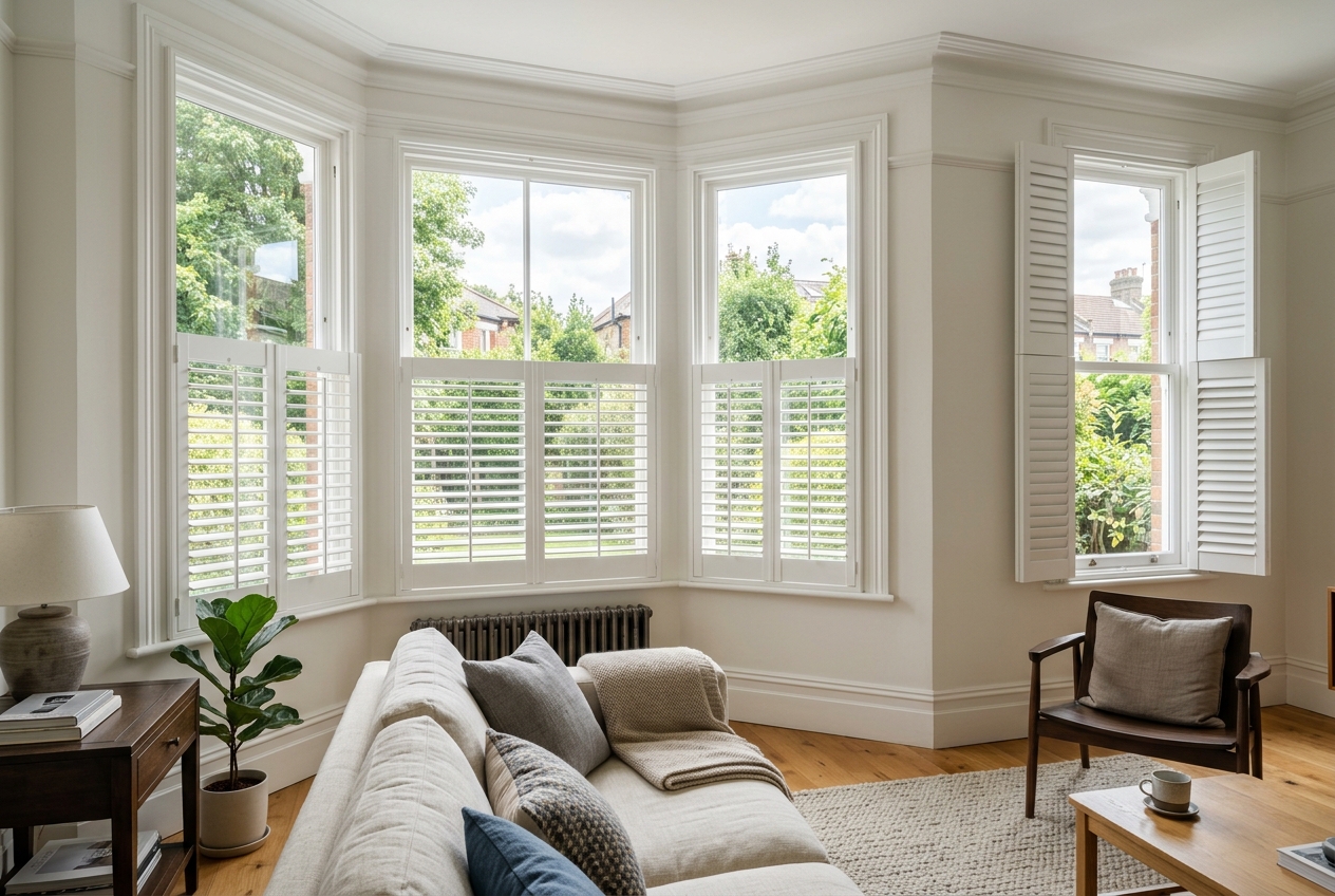 Special Shapes plantation shutters in a living