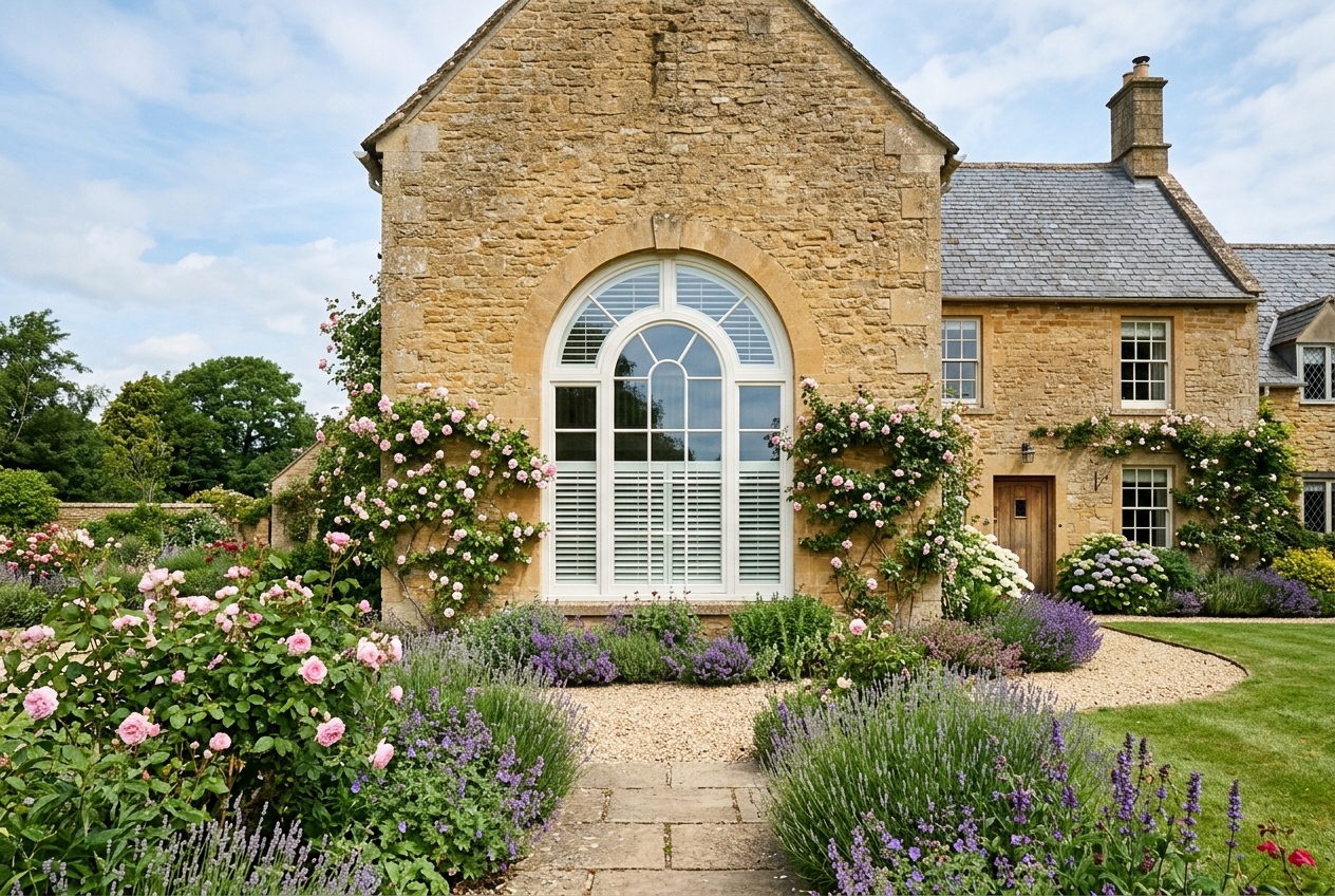 Special Shapes plantation shutters in a exterior