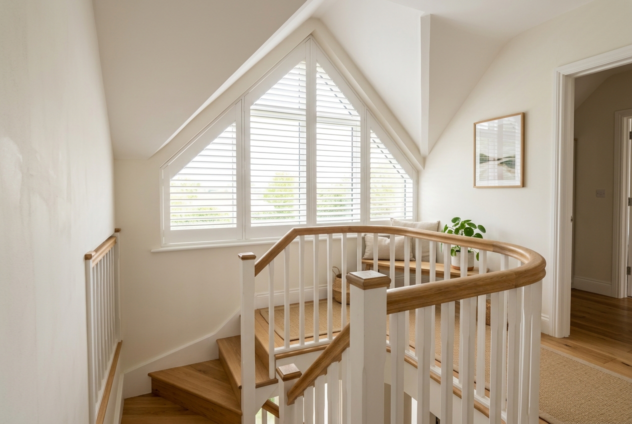 Special Shapes plantation shutters in a living