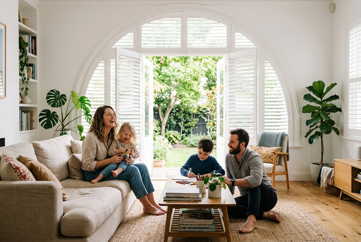 Special Shapes plantation shutters in a living